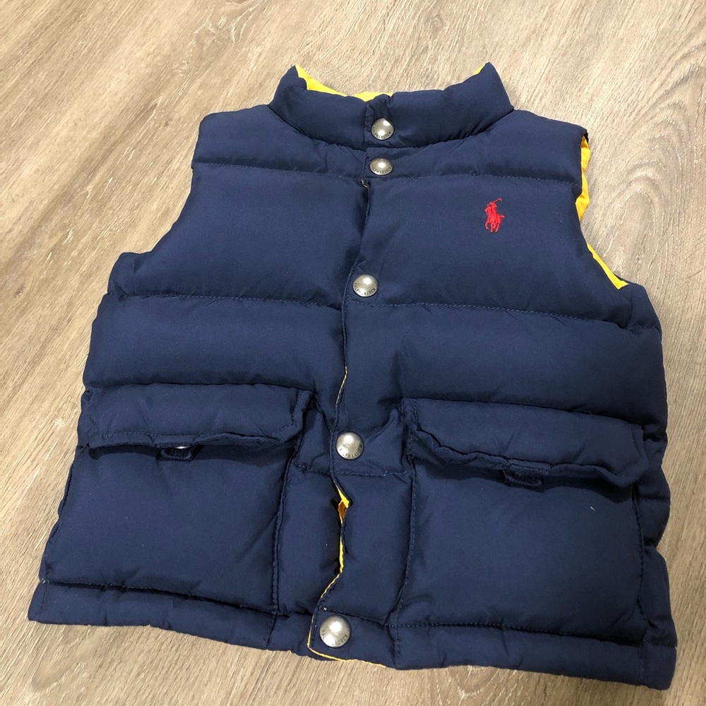 Polo by Ralph Lauren Boy’s Reversible Button Vest. Navy/Yellow 24month